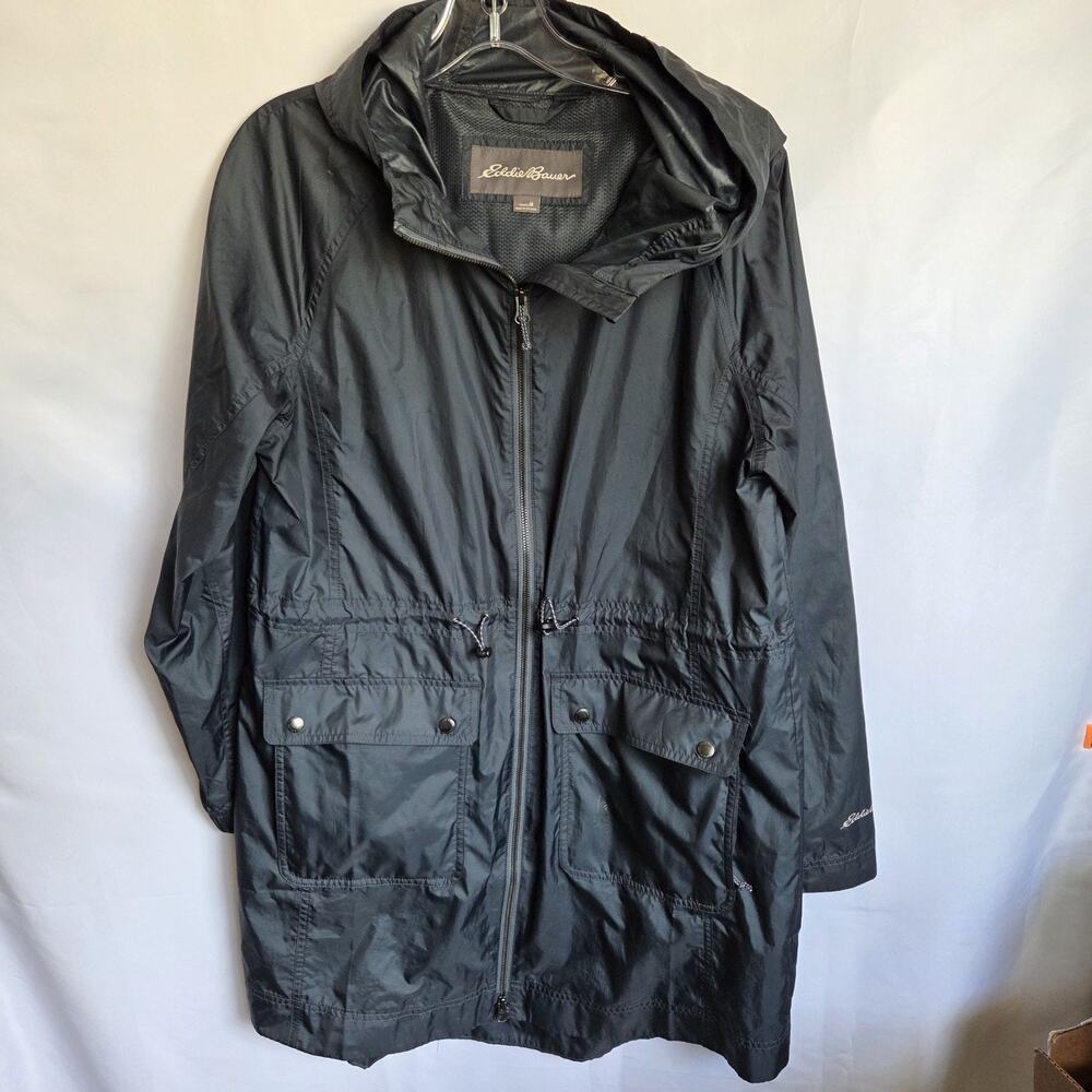 Eddie Bauer Rain Jacket Womens Medium Olive Green Hooded Full Zip Long Parka